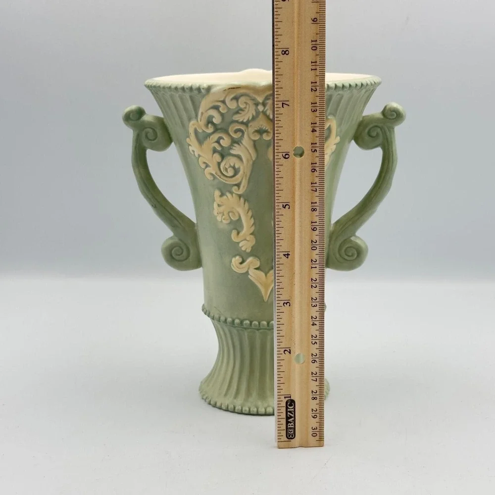 Burton &‎ Burton Sage Green Ornate Ceramic Urn Vase Scroll Handles Cottagecore